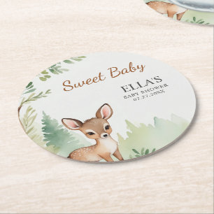 Dessous-de-verre Rond En Papier Fête de Bébé Forestière aux Cerfs Neutre