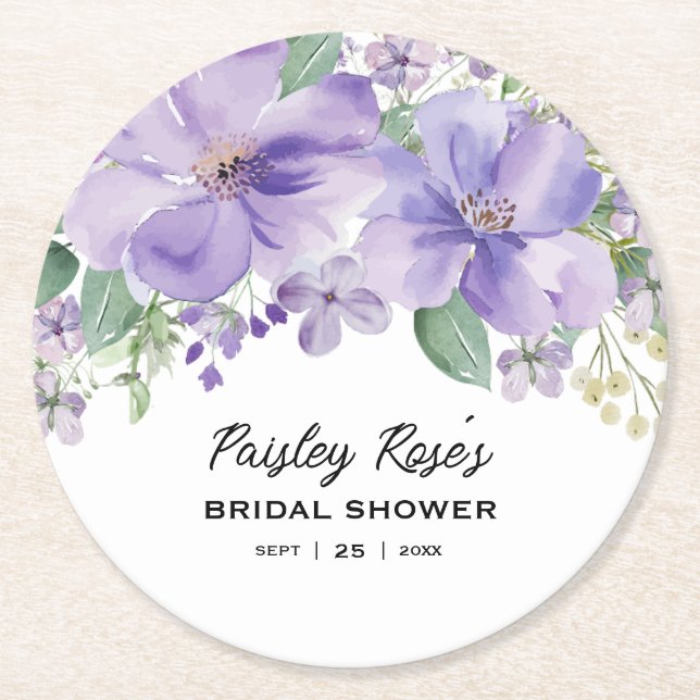 Dessous-de-verre Rond En Papier Fête de mariage floral élégant violet (Devant)