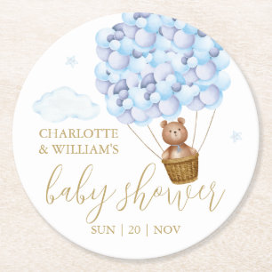 Dessous-de-verre Rond En Papier Fête de naissance garçon ballons bleus Ourson