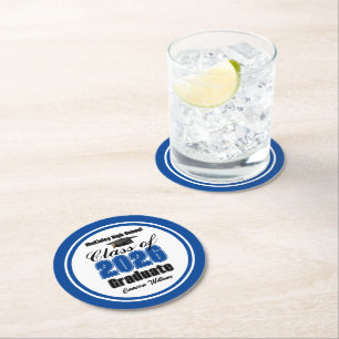 Dessous-de-verre Rond En Papier Fête de remise des diplômes personnalisée bleue de