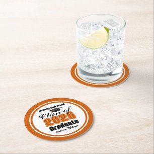 Dessous-de-verre Rond En Papier Fête de remise des diplômes personnalisée Orange d