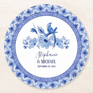 Dessous-de-verre Rond En Papier Fête des mariées Bleu Blanc Chinoiserie Oiseau Flo