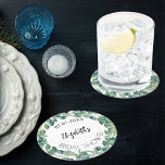Dessous-de-verre Rond En Papier Fête des mariées eucalyptus verdure couronne<br><div class="desc">Arrière - plan blanc,  texte noir. Décoré de gerbes d'eucalyptus. Personnalisez et ajoutez une date et un nom. Un script de style moderne en lettres à la main.</div>