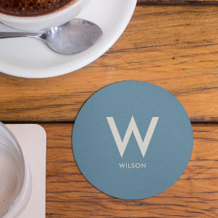 Dessous-de-verre Rond En Papier Fête Personnalisée Monogramme Bleu Clair