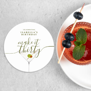 Dessous-de-verre Rond En Papier Fêter les Trente avec un Martini aux olives 30e an