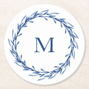 Dessous-de-verre Rond En Papier Feuille d'aquarelle Indigo Wreath