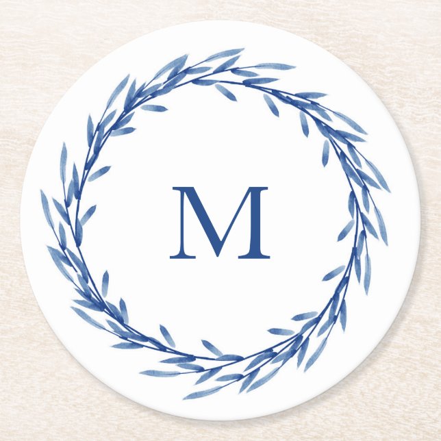 Dessous-de-verre Rond En Papier Feuille d'aquarelle Indigo Wreath (Devant)