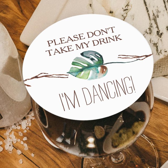 Dessous-de-verre Rond En Papier Feuille de Monstera Brun Vert Tropical Rustique (rustic tropical monstera leaf green wedding "please don't take my drink i'm dancing" drink topper)