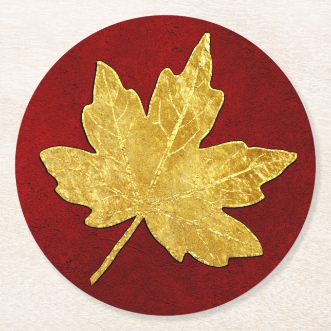 Dessous-de-verre Rond En Papier Feuille d'érable or rouge (Devant)