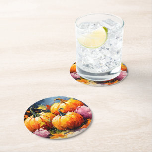 Dessous-de-verre Rond En Papier Feuilles d'automne rustiques Citrouilles colorées