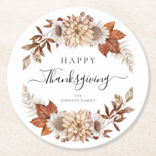 Dessous-de-verre Rond En Papier Feuilles d'automne rustiques Joyeux Thanksgiving