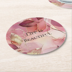 Dessous-de-verre Rond En Papier Feuilles dorées Bourgogne rose blush 