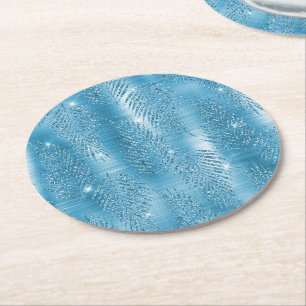 Dessous-de-verre Rond En Papier Feuilles tropicales pailletées bleu aqua scintilla