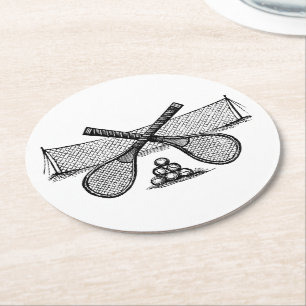 Dessous-de-verre Rond En Papier Filet de tennis vintage sportif, raquettes croisée