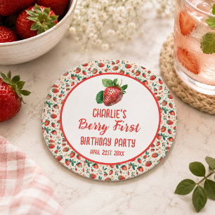 Dessous-de-verre Rond En Papier Fille à la fraise Berry First pour 1er anniversair
