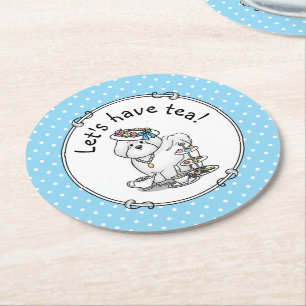 Dessous-de-verre Rond En Papier Fille Tea Party Bichon Frise Chien - mignon