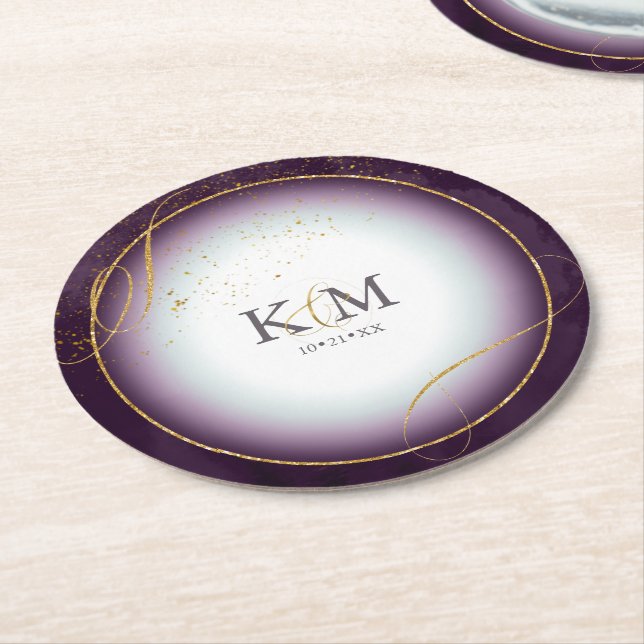 Dessous-de-verre Rond En Papier Fine Lines Gold Abstrait Mariage V3 Plum ID867 (Incliné)
