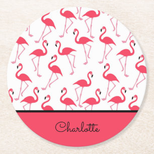 Dessous-de-verre Rond En Papier Flamant rose avec nom