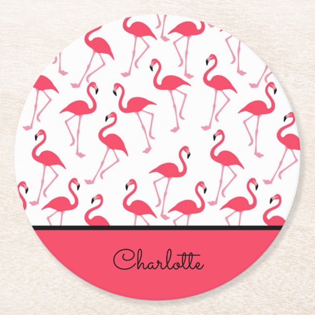Dessous-de-verre Rond En Papier Flamant rose avec nom (Devant)