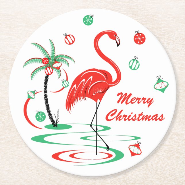 Dessous-de-verre Rond En Papier Flamant rose de Noël rouge Baubles Noël rond (Devant)