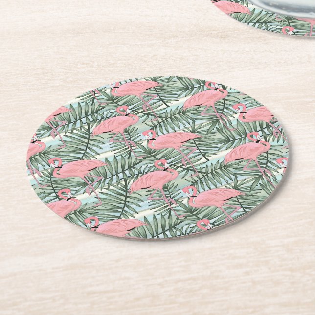 Dessous-de-verre Rond En Papier Flamants roses roses mignons Palm Leafs Motif d'ar (Incliné)