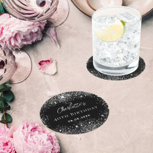 Dessous-de-verre Rond En Papier Flambée de parties scintillant noire en argent