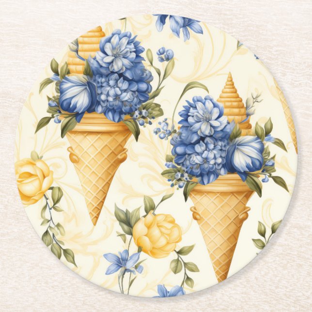Dessous-de-verre Rond En Papier Fleur bleue et glace (Devant)
