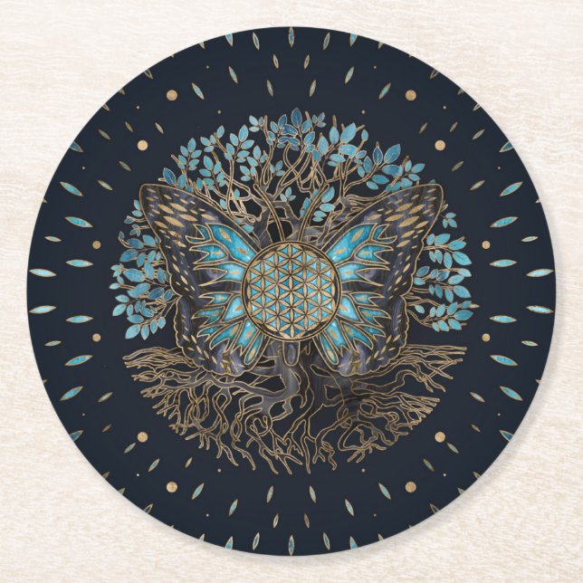 Dessous-de-verre Rond En Papier Fleur de vie - Arbre de vie - Papillon (Devant)