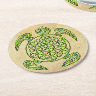 Dessous-de-verre Rond En Papier Fleur de vie / Blume des Lebens - vert tortue