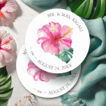 Dessous-de-verre Rond En Papier Fleur d'Hibiscus Mariage tropical<br><div class="desc">Ajoutez une touche d'élégance tropicale à votre dîner de répétition ou à votre soirée de fiançailles avec ces dessous de verre personnalisés. Doté d'une réplique de mon oeuvre d'aquarelle originale, ce design présente des fleurs d'hibiscus vibrantes et des feuilles luxuriants de palmiers monstères dans des tons roses et verts époustouflants....</div>