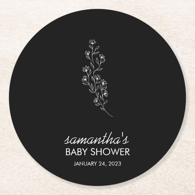 Dessous-de-verre Rond En Papier Fleur élégante croquée à la main noire (Devant)