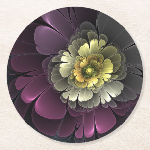 Dessous-de-verre Rond En Papier Fleur fractale grise de pourpre moderne abstraite