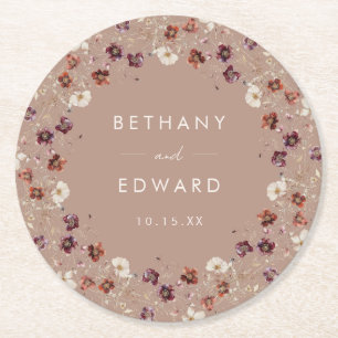 Dessous-de-verre Rond En Papier Fleur sauvage d'automne Meadow Taupe Mariage