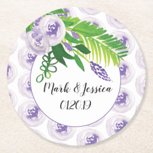 Dessous-de-verre Rond En Papier Fleurs aquarelle mariage verdure violet