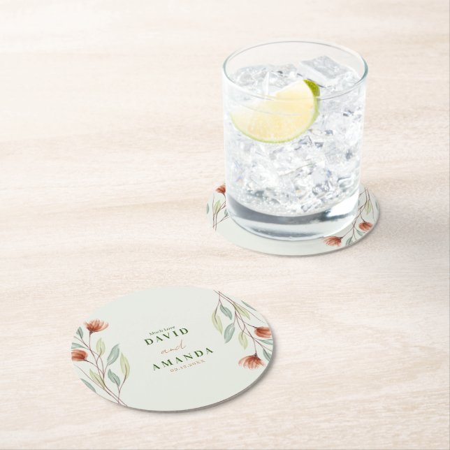 Dessous-de-verre Rond En Papier Fleurs Aquarelle Vert Pastel (En situation)