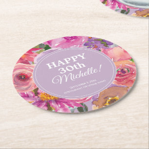 Dessous-de-verre Rond En Papier Fleurs aquarelles rose violet 30e anniversaire
