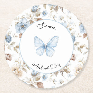 Dessous-de-verre Rond En Papier Fleurs Bleues Romantiques Feuilles Brunes Mariage