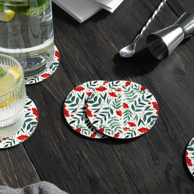 Dessous-de-verre Rond En Papier Fleurs d'aquarelle de jardin magiques en rouge et  (Créateur téléchargé)