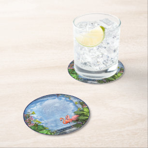 Dessous-de-verre Rond En Papier Fleurs d'arty roses sur la texture Bleu-bois-Tissu