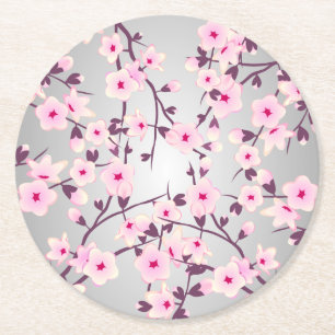 Dessous-de-verre Rond En Papier Fleurs de cerisier Asie Floral rose gris