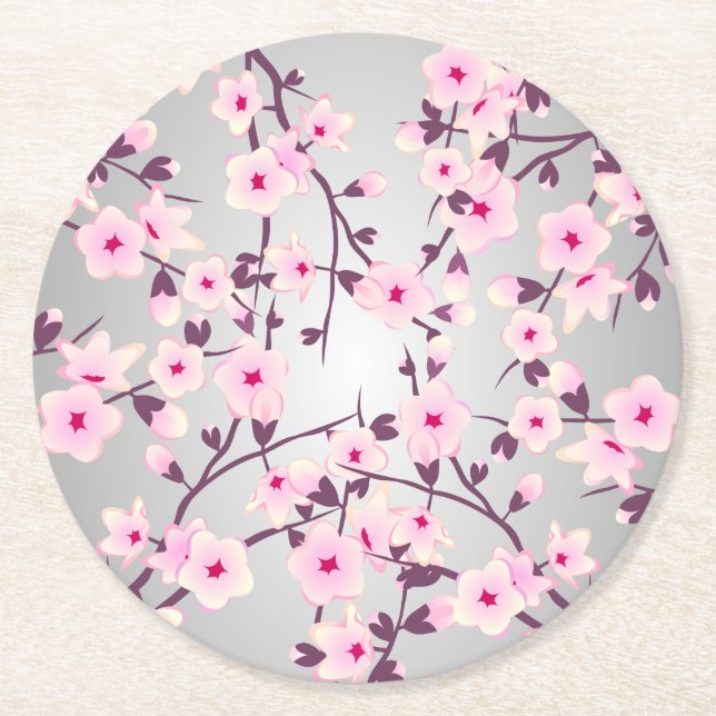 Dessous-de-verre Rond En Papier Fleurs de cerisier Asie Floral rose gris (Devant)