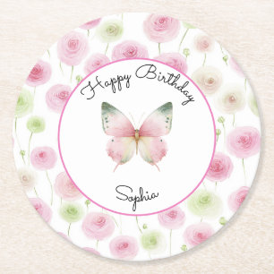 Dessous-de-verre Rond En Papier Fleurs de Renoncule Rose Féminin Anniversaire