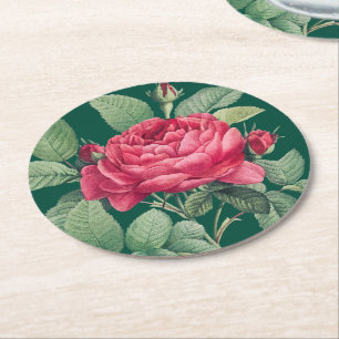 Dessous-de-verre Rond En Papier Fleurs de rose rouge avec Feuilles verts