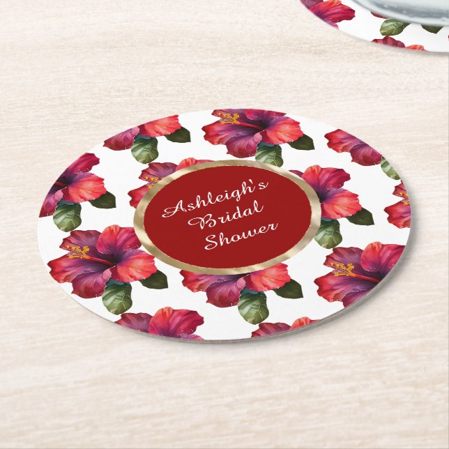 Dessous-de-verre Rond En Papier Fleurs de Trefle Rouge Tropical Mariage (Incliné)