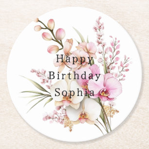 Dessous-de-verre Rond En Papier Fleurs d'orchidée rose tropicale Anniversaire