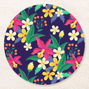 Dessous-de-verre Rond En Papier Fleurs Exotiques Colorées Motif Feuilles-23021