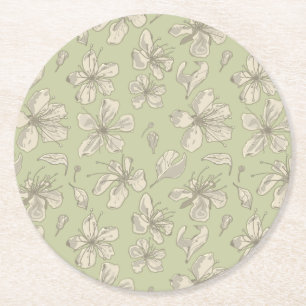 Dessous-de-verre Rond En Papier Fleurs jetées sur vert olive - motif sans soudure.