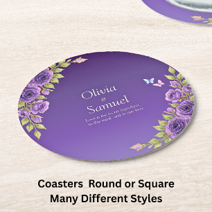 Dessous-de-verre Rond En Papier Fleurs Mauves Violettes & Mariage Blanc