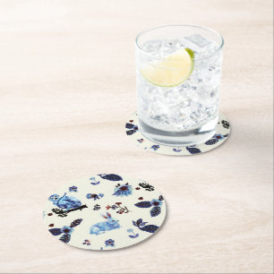 Dessous-de-verre Rond En Papier Fleurs Monkey lapin Bleu Blanc Vintage 
