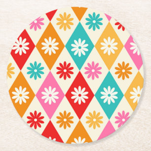 Dessous-de-verre Rond En Papier Fleurs Rétro sur Diamants Colorés d'Arlequin